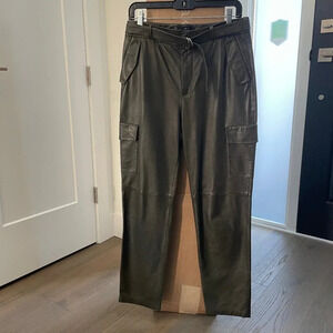 SET Hi Rise Genuine Leather Cargo Pants w Imperfection Olive Green Sz 4 NWOT